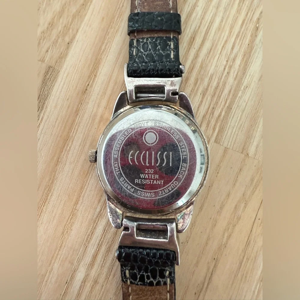 Ecclissi ladies sterling silver black leather watch NEW BATTERY